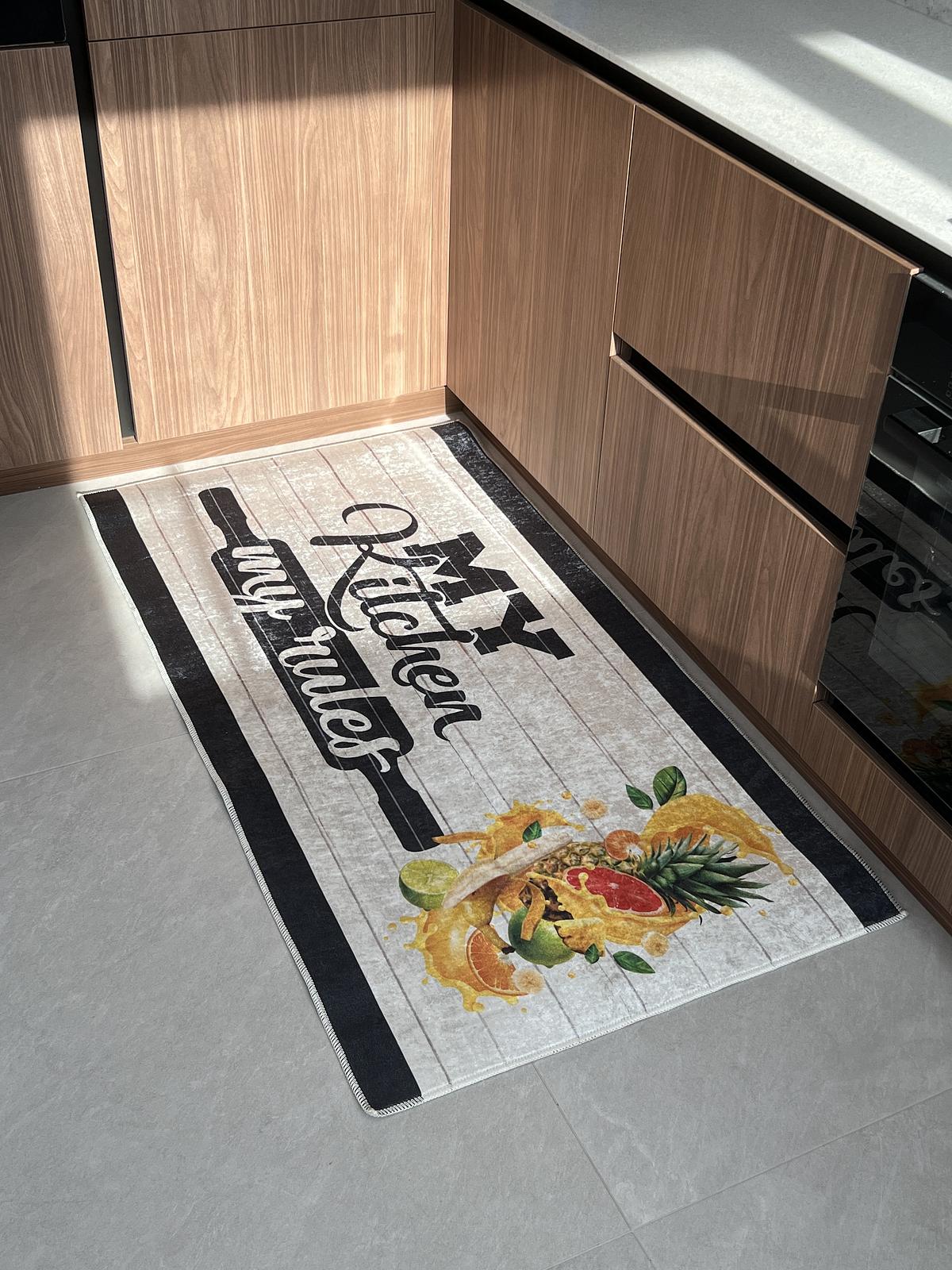 Універсальний килим на прогумованій основі для кухни Verda Marina My kitchen my rules Білий E116