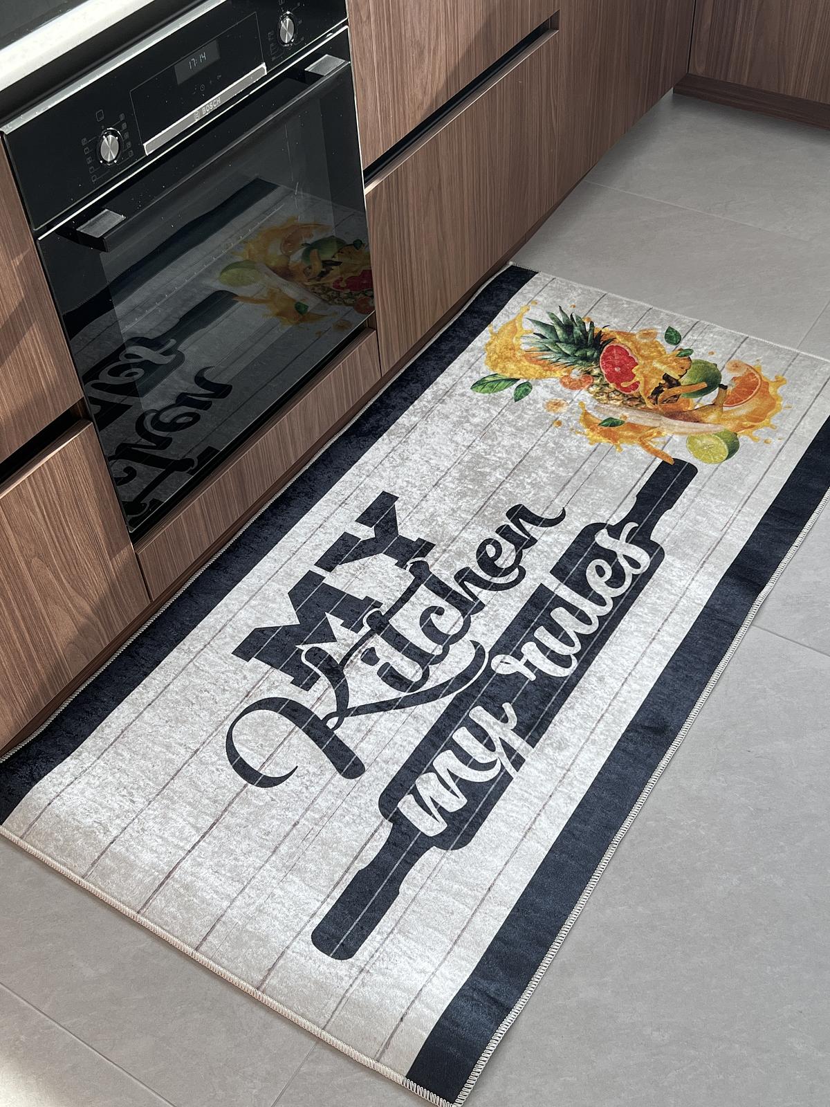 Універсальний килим на прогумованій основі для кухни Verda Marina My kitchen my rules Білий E116