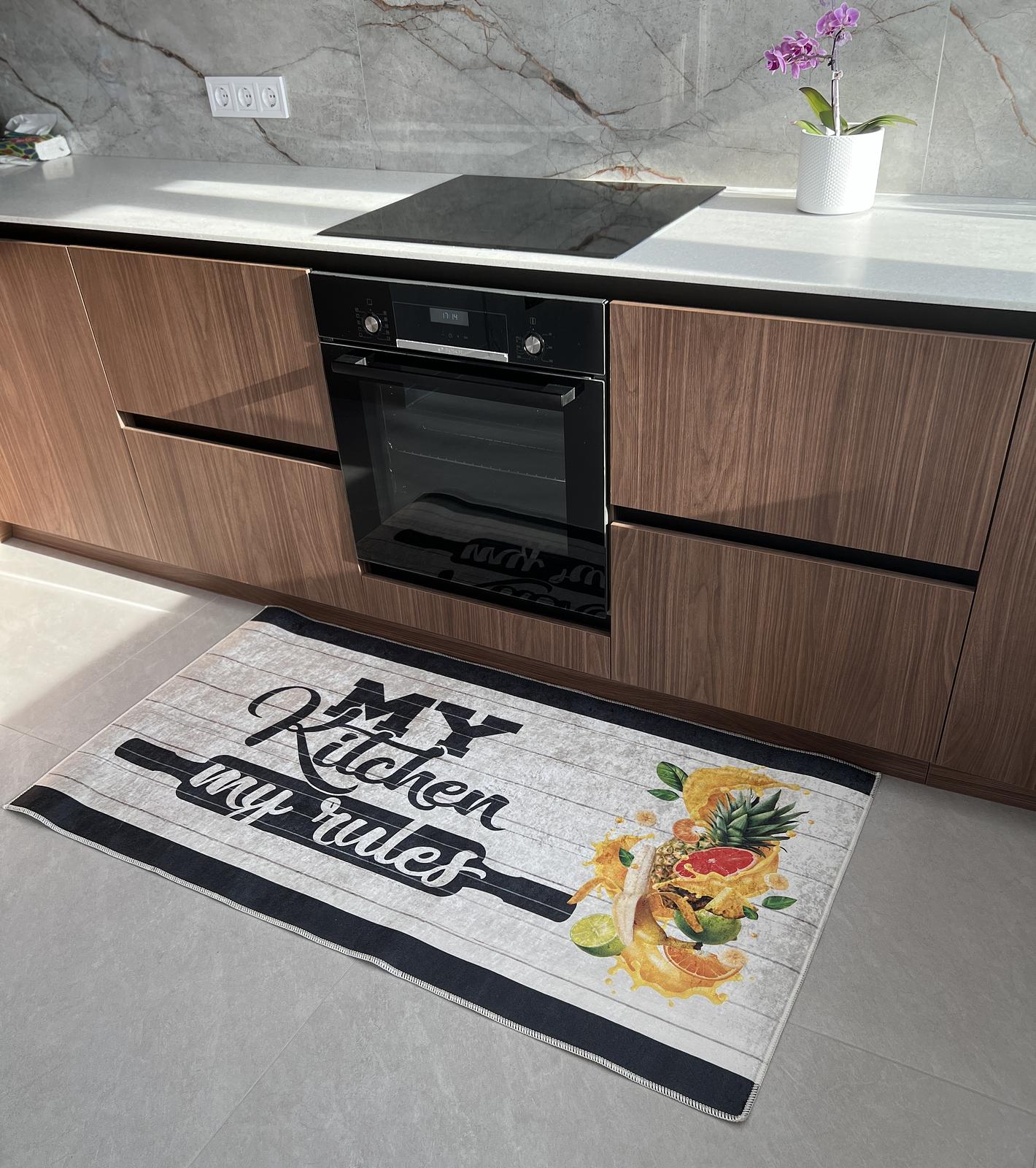 Універсальний килим на прогумованій основі для кухни Verda Marina My kitchen my rules Білий E116