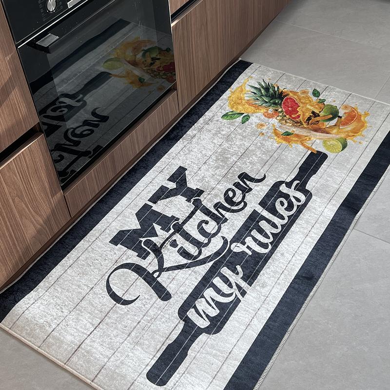 Універсальний килим на прогумованій основі для кухни Verda Marina My kitchen my rules Білий E116