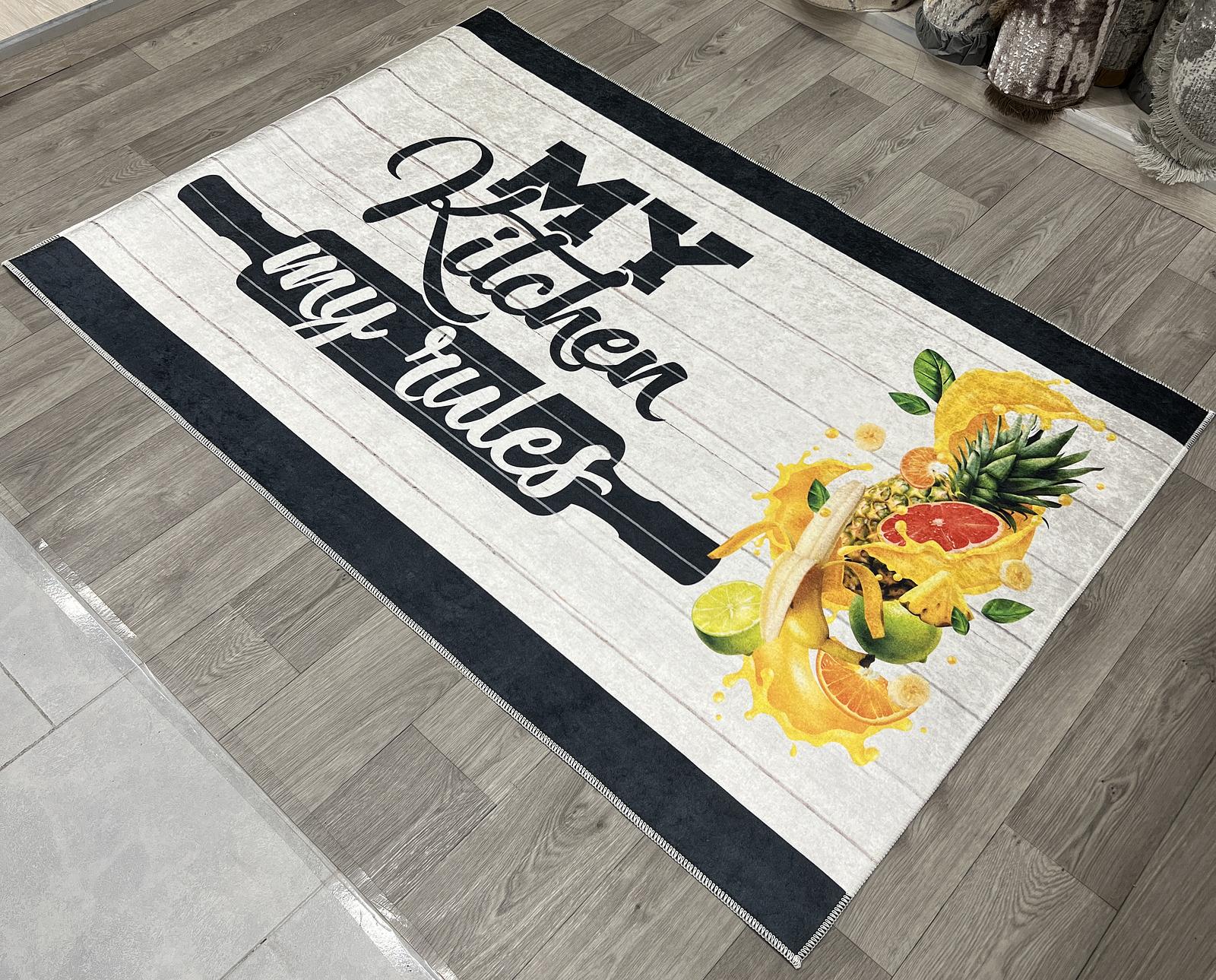 Універсальний килим на прогумованій основі для кухни Verda Marina My kitchen my rules Білий E116