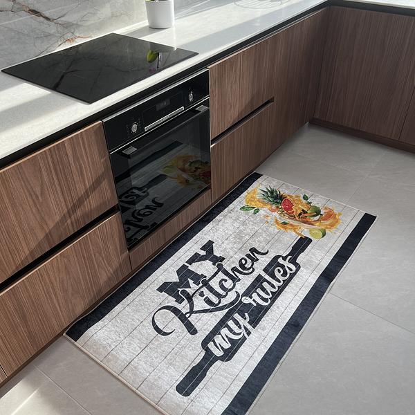 Універсальний килим на прогумованій основі для кухни Verda Marina My kitchen my rules Білий E116
